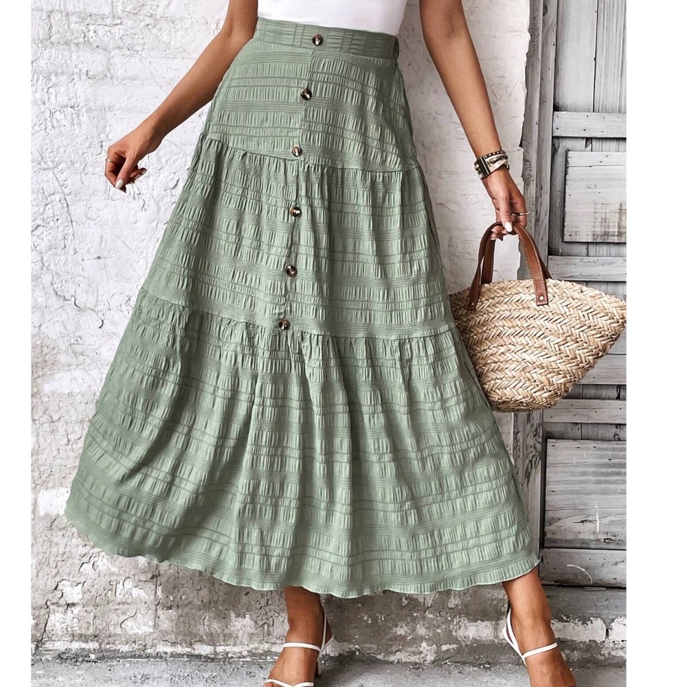 021 Boho Sage Green Button Detail Maxi Skirt - Picture 1 of 4